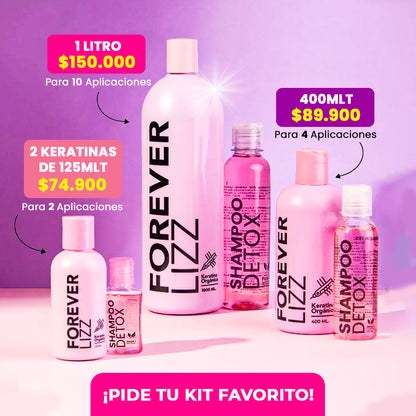 Forever Lizz – Kit de Keratina Vegana Sin Formol + Shampoo Detox | 125ml / 400ml / 1 Litro